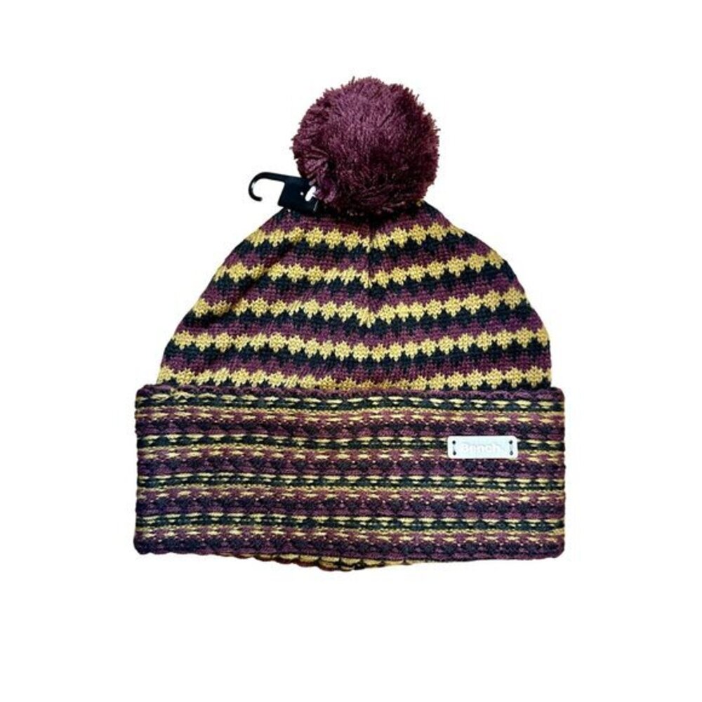 Bench. Acrylic Knit Beanie With Pom-Pom Purple & Yellow Pattern NWT